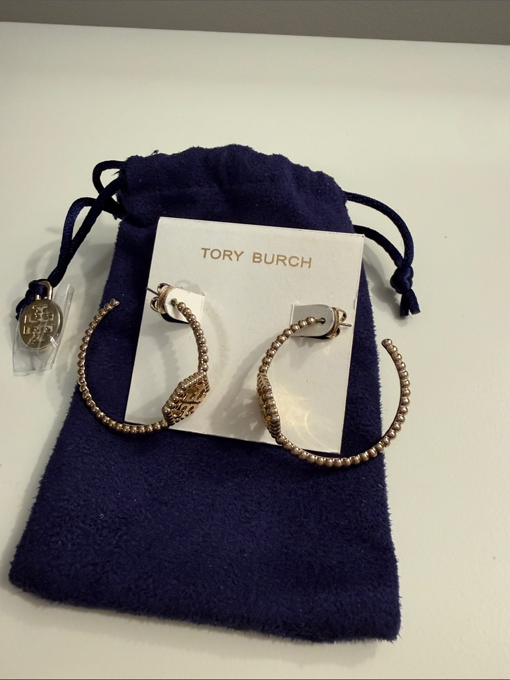Tory Burch Gold Beaded Hoop Earrings with Logo Detail